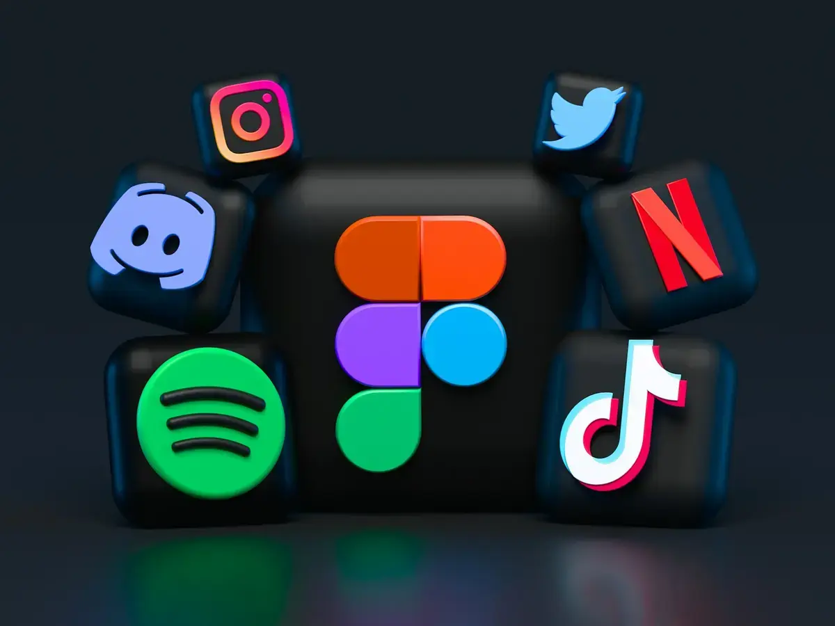 3D social media app icons arranged on a dark background